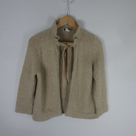 J. Crew Womens M Heather Beige 3/4Sleeve Wool Cashmere Cardigan Sweater M Ruffle - Picture 9 of 9